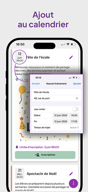 Capture d'écran APE+ - Ajout automatique au calendrier