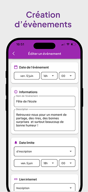 Capture d'écran APE+ - Création rapide d'événement scolaire